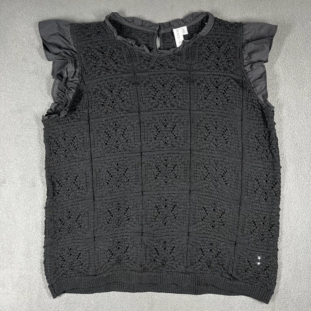 Grace + Karma Black Knit Flutter Sleeve Size Large‎ Feminine Cottagecore Blouse